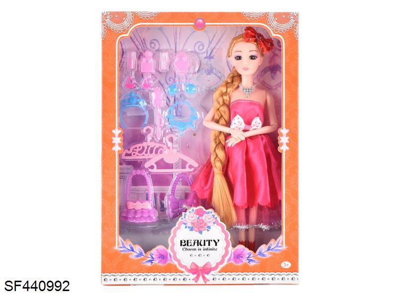 11.5寸9关节3D眼长辫子裙装芭比娃娃