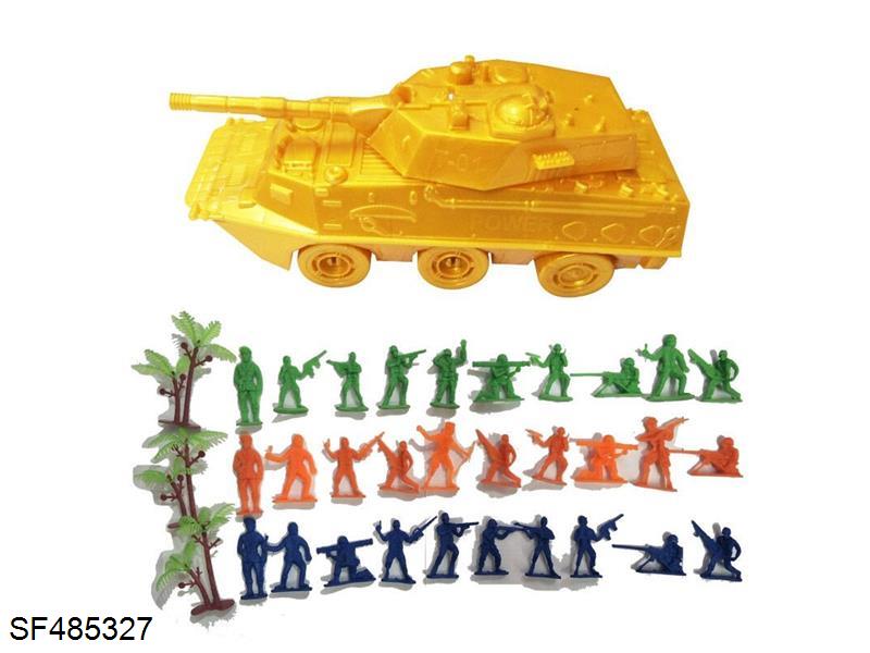 拉线装甲坦克车1只+30只军人兵人+3颗树，军事模型套装