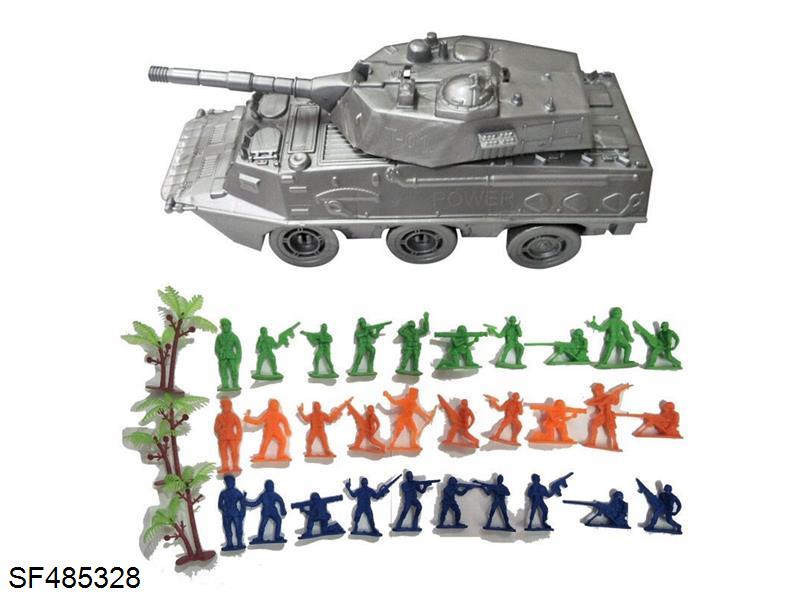 滑轮6轮装甲坦克车1只+30只军人兵人+3颗树，军事模型套装